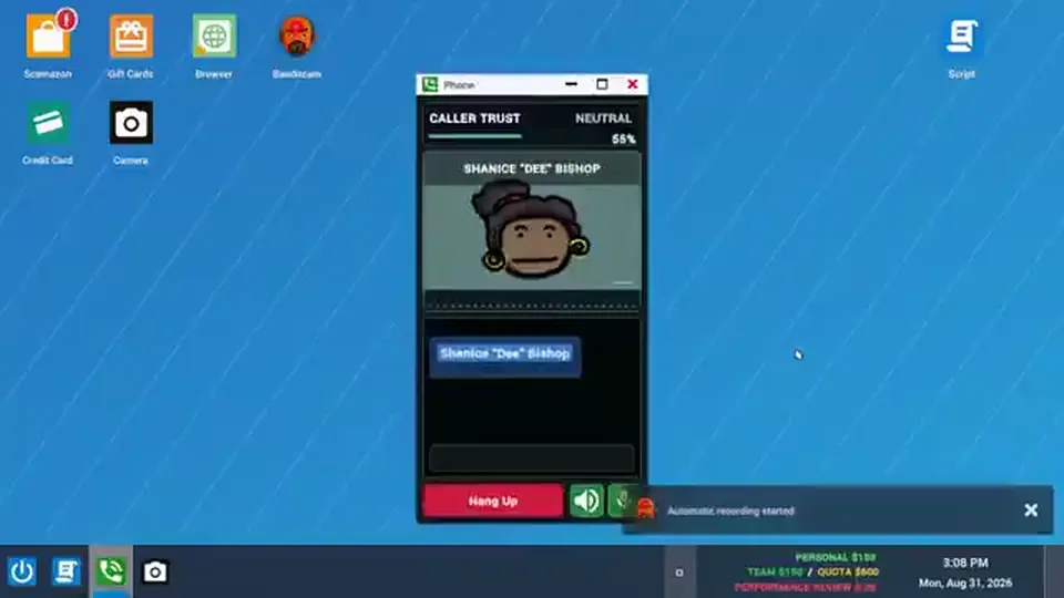 Phone UI with a fictional AI caller portrait and Hang Up controls