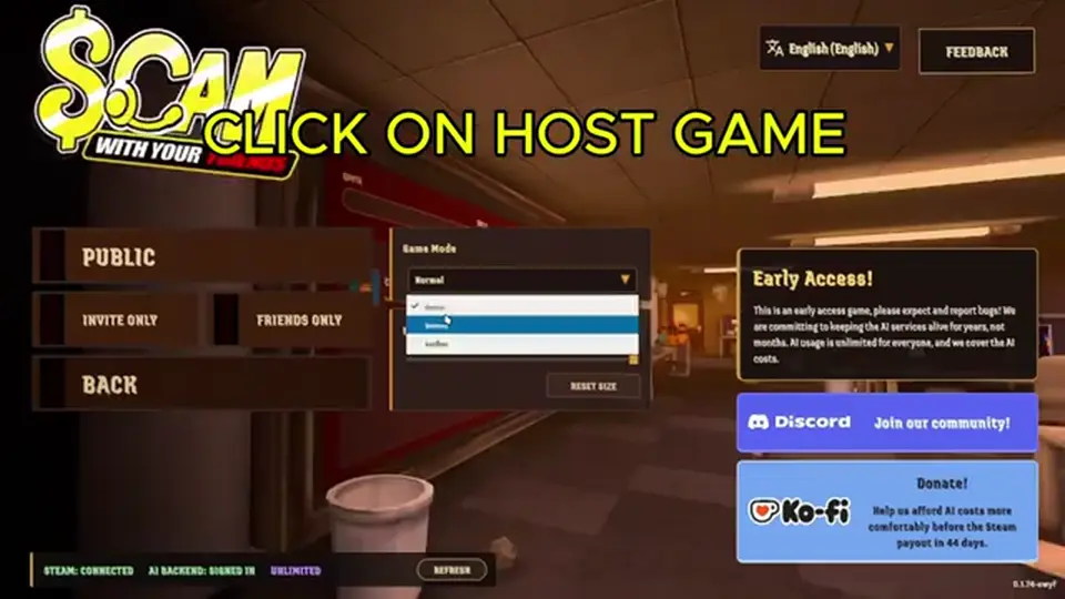 Host Game lobby with Public, Invite Only, and Friends Only visibility options