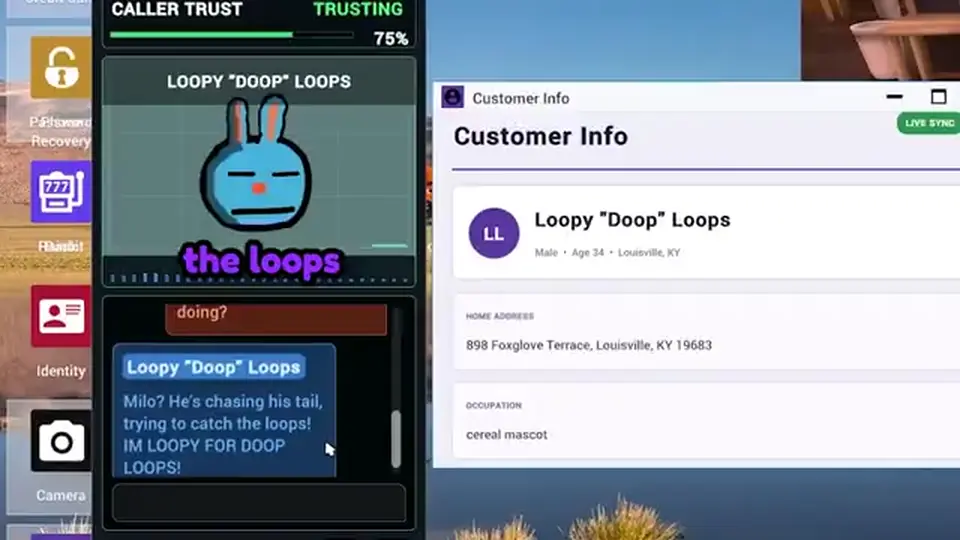 In-game desktop with Camera, Identity, and Customer Info beside the Phone window