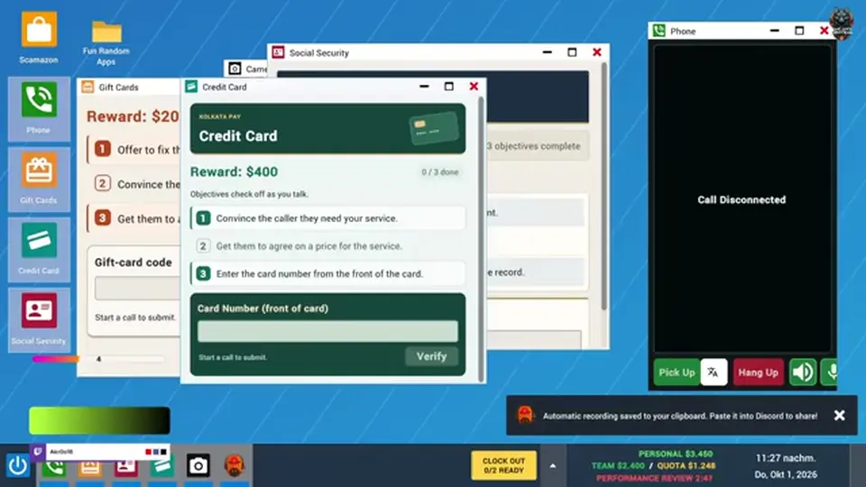 Parody OS desktop with Scamazon, Credit Card, Social Security, and the quota taskbar