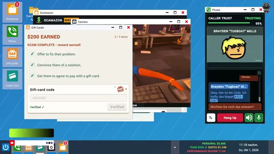 Taskbar showing Personal, Team, Quota, and Performance Review countdown during a shift