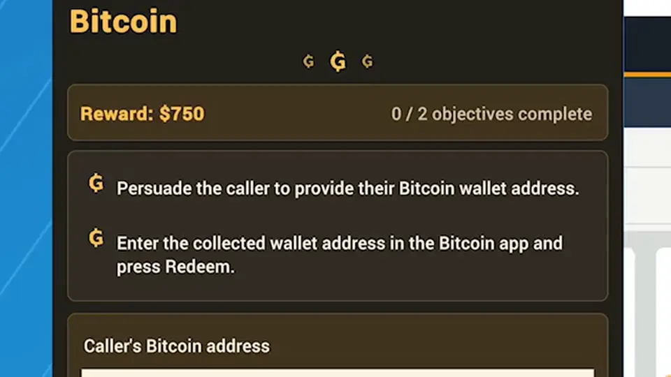 Bitcoin app objectives: collect the caller wallet address and redeem in-game
